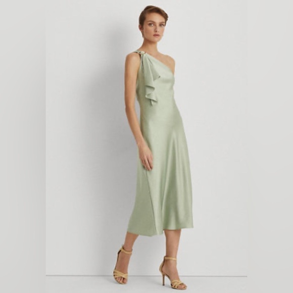 Lauren Ralph LaurenOne-Shoulder Satin Cocktail Dress Ranch Sage Size 8